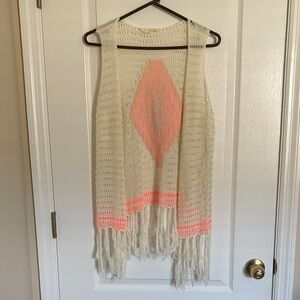 Fringe Knit Boho Fringe Aztec Cardigan in Cream and Pink